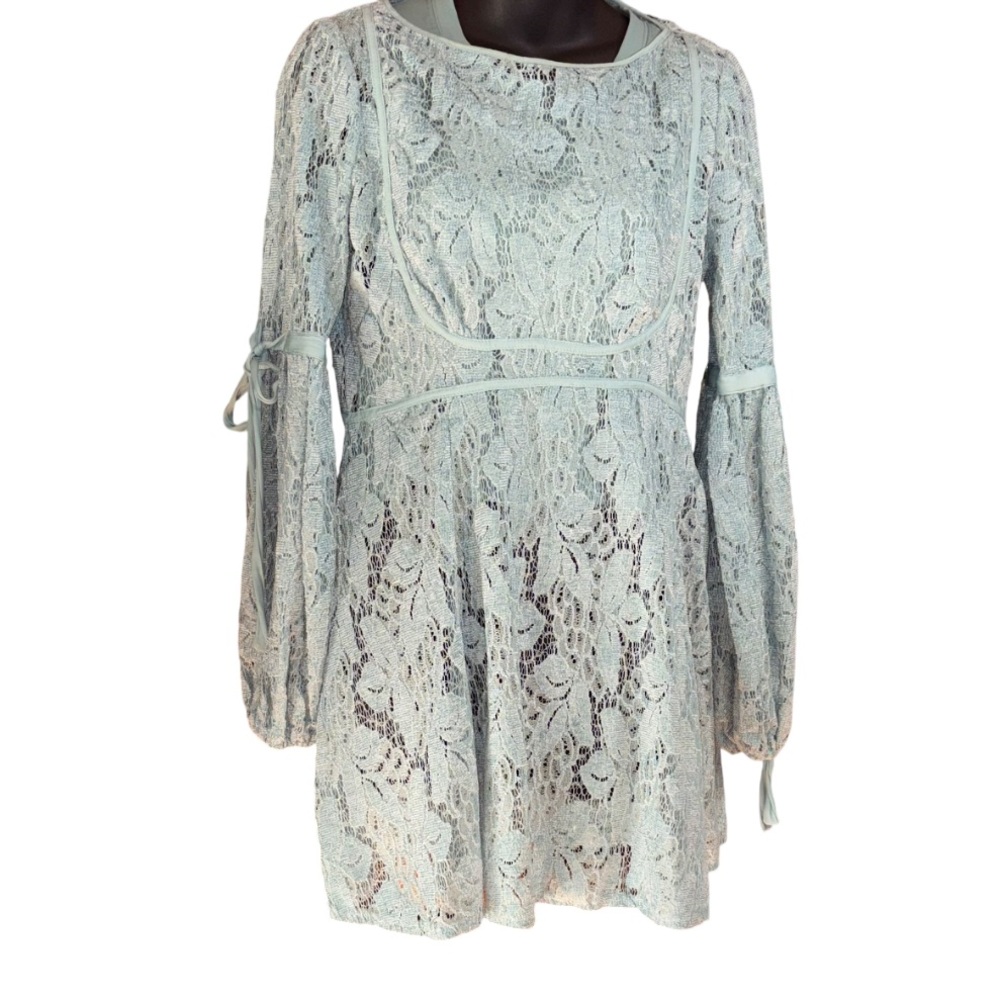 Free People Ruby Crochet Lace Mini Dress, featuring a sea fog blue extra small